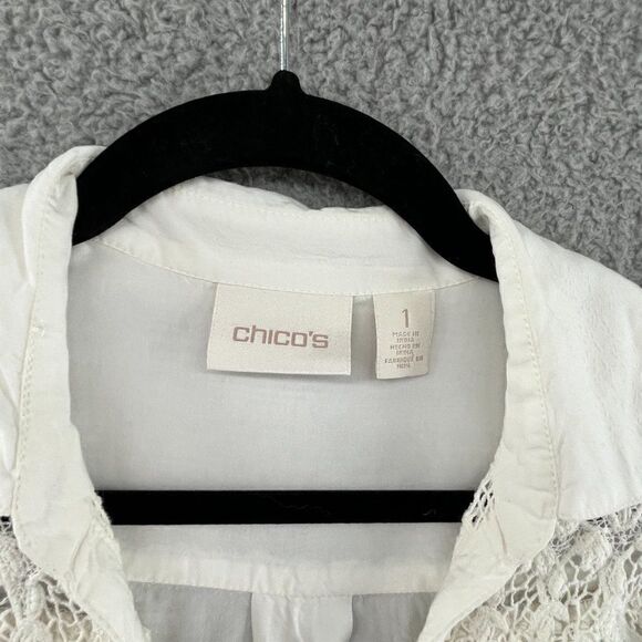 Chico’s blouse lace crochet boho rollup sleeves ivory size 1 medium - Picture 5 of 12